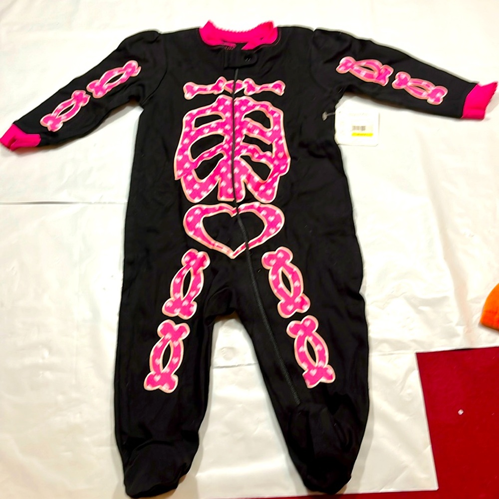 Skeleton baby 6-9 months BLACK footed zip outfit, PINK SKELETON hearts, girlie